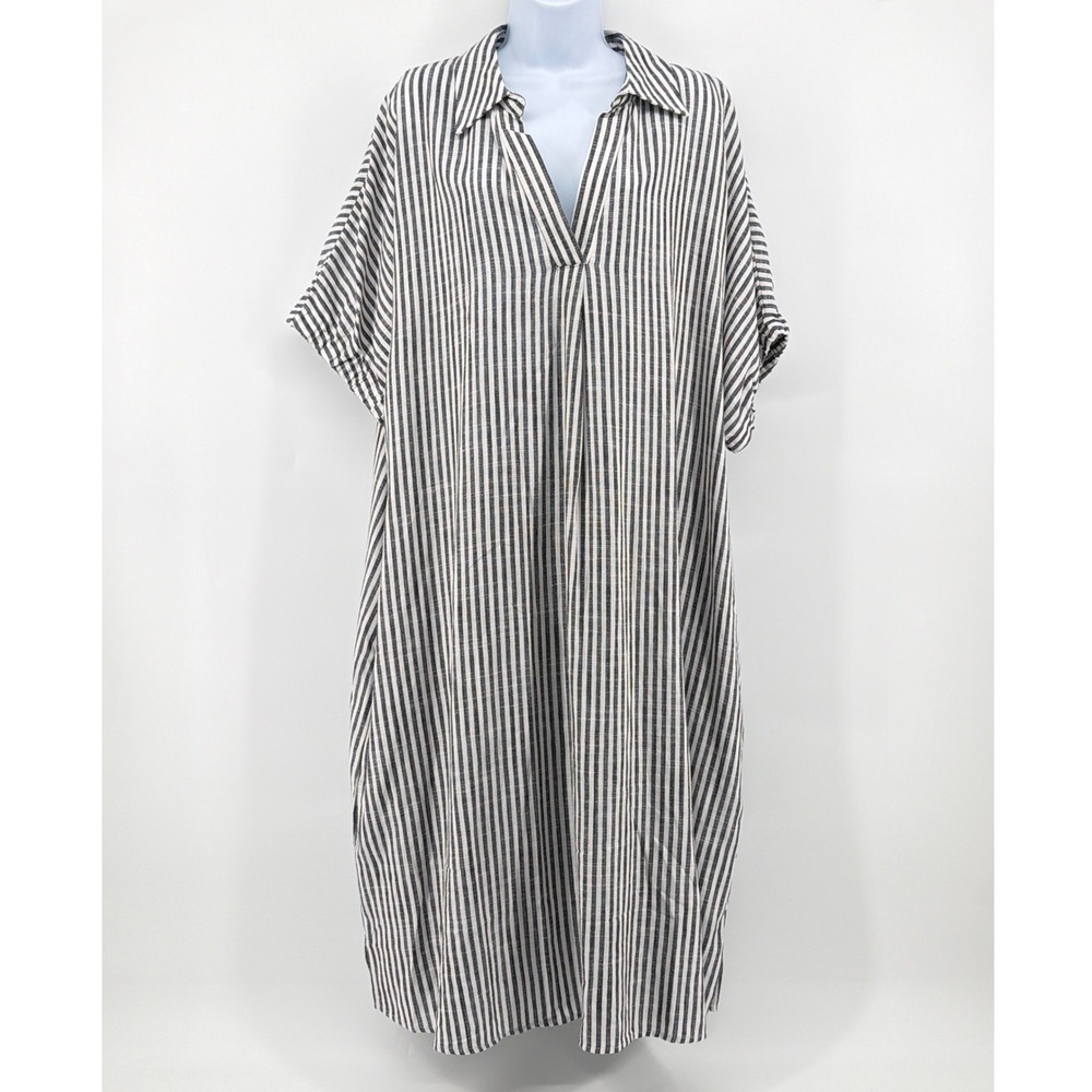 Ulla Popken Striped Linen Midi Caftan Dress Collared Popover Pockets NWOT Plus